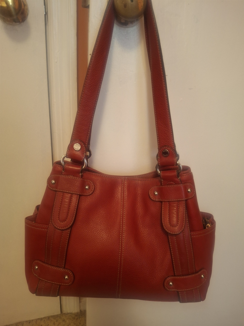 Highly Sought After Tignanello Red Perfect 10 Silver Toned Studded Bag - Picture 2 of 5